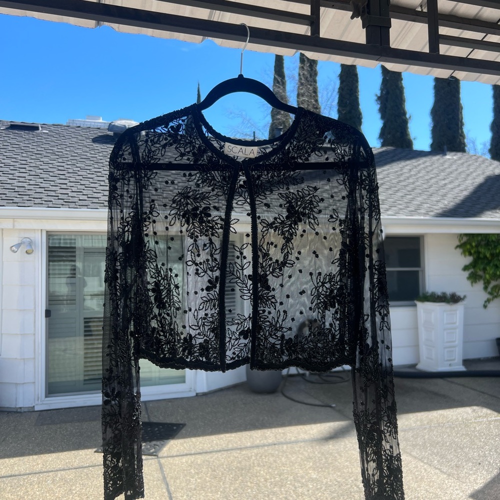 Scala Black Floral Sheer Hand Beaded Top